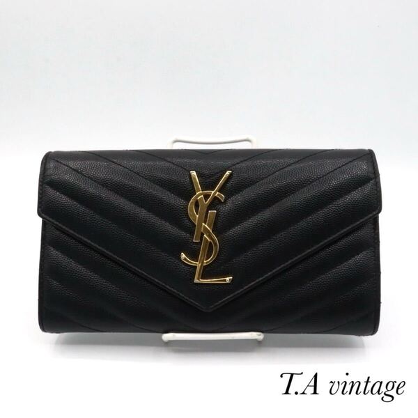 SAINT LAURENT 美品 サンローラン パリ Vステッチ YSL 長財布 ブラック