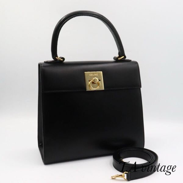 CELINE 美品 セリーヌ カーフスキン ガンチーニ 2way ハンドバッグ ブラック