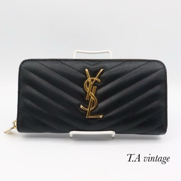 SAINT LAURENT 美品 サンローラン パリ YSL Vステッチ ラウンドファスナー 長財布