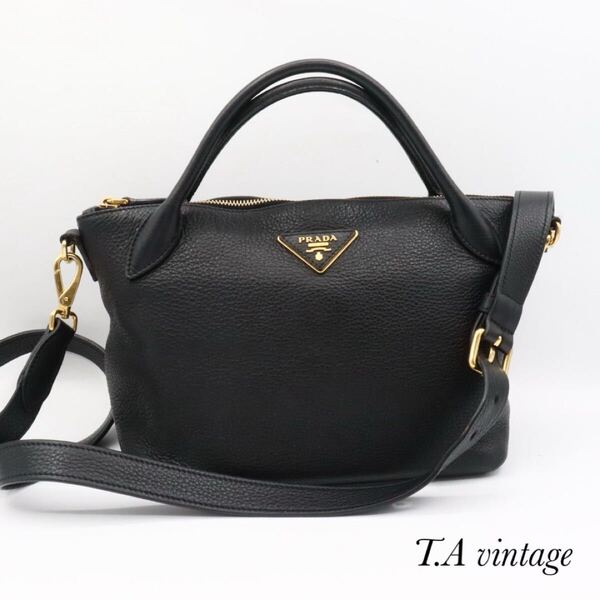 PRADA 美品 プラダ レザー 2way ハンドバッグ ショルダーバッグ ブラック