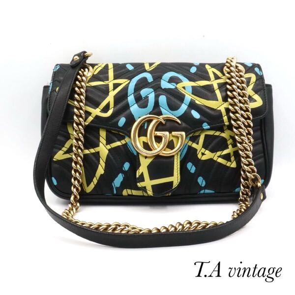 GUCCI 美品 グッチ レザー GGマーモント ショルダーバッグ ブラック