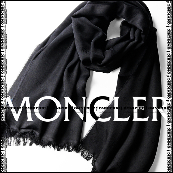 贅沢大判シルク200cm全面モノグラムロゴ■国内正規品/新品【MONCLER】モンクレール抜群の高級感/シルクウールブラックストール/200cm×69cm