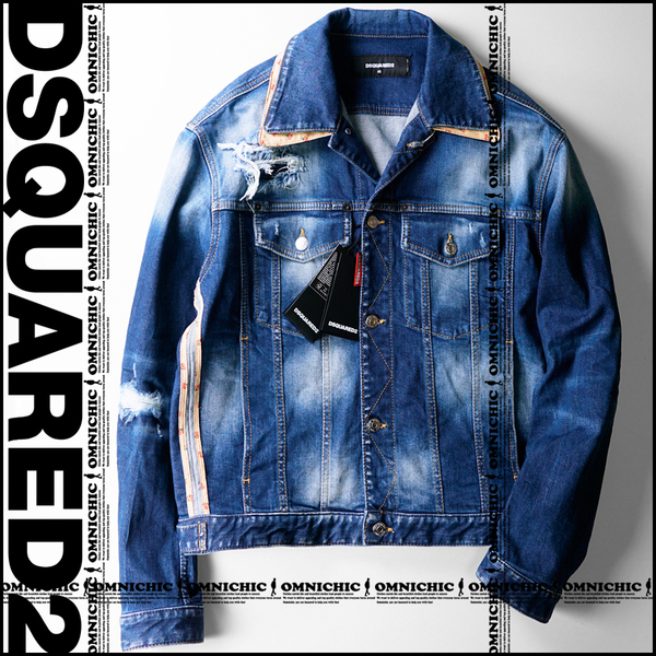 花柄レイヤード二枚襟■24春夏新品147,400円【DSQUARED2】ディースクエアードKABAN 伊製インディゴリペア加工ストレッチデニムジャケット46