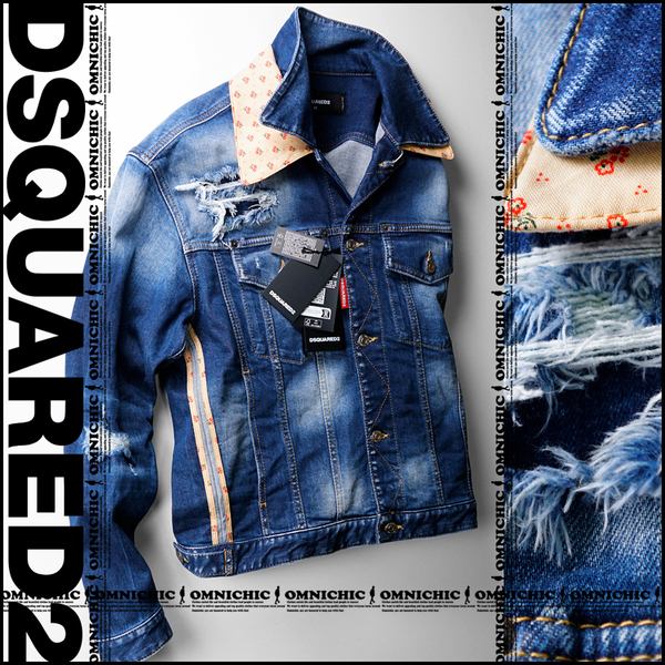 花柄レイヤード二枚襟■24春夏新品147,400円【DSQUARED2】ディースクエアードKABAN 伊製インディゴリペア加工ストレッチデニムジャケット48