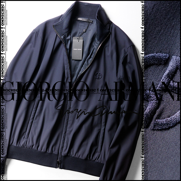 美しく輝くGA刺繍ロゴ■新品31万【GIORGIO ARMANI】贅沢の極ジョルジオアルマーニネイビージャージーウールジップブルゾンジャケット50R/L