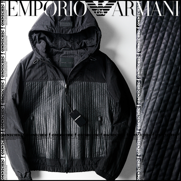 代表的なキルティングレザーモデル■新品正規16.5万【EMPORIO ARMANI】エンポリオアルマーニ中綿ラムレザーコンビフーデッドジャケット50
