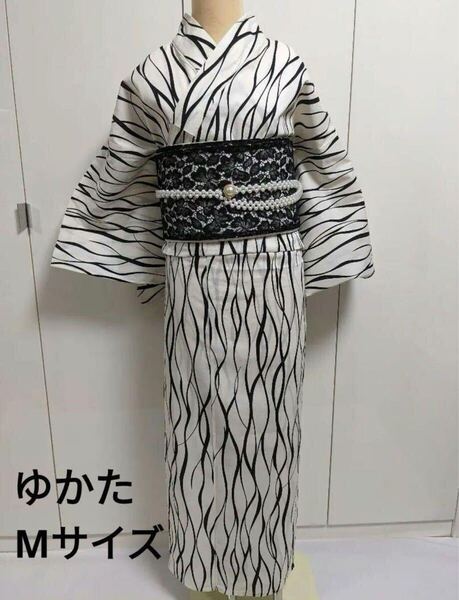 ゆかた 浴衣 白黒 バイカラー ユカタ 浴衣単品販売 サイズL ユカタ L ホワイト ブラック 花火に イベントに