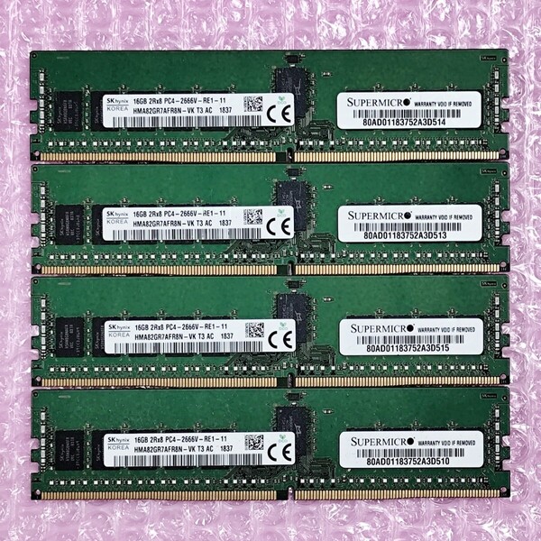 【動作確認済み】SK Hynix DDR4-2666 16GB 4枚セット (計64GB) PC4-21300 ECC REG/Registered RDIMM SuperMicro純正