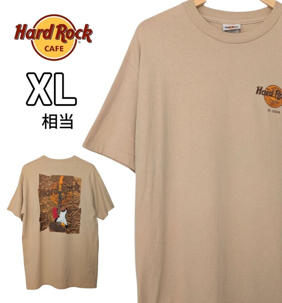 Hard Rock CAFE ハードロックカフェ バックプリント Tシャツ 半袖Tシャツ ギター ベージュ 古着 XL相当