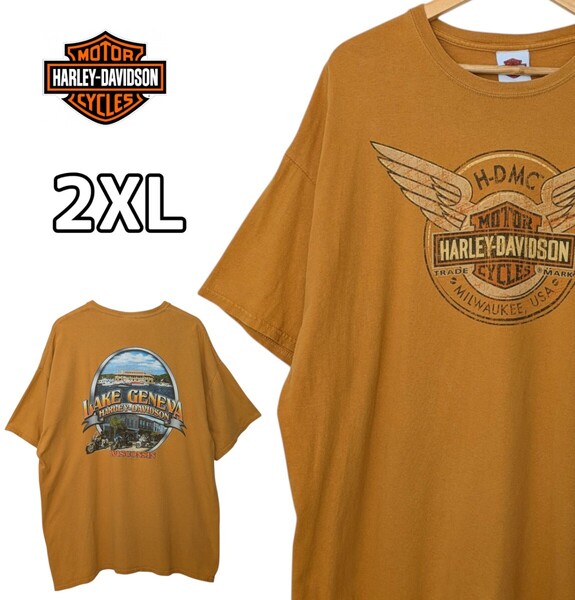 Harley-Davidson ハーレーダビッドソン Tシャツ 両面プリント オレンジ 古着 2XL