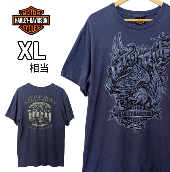 Harley-Davidson ハーレーダビッドソン Tシャツ USA製 半袖 両面プリント イーグル バイク ブルー 古着 XL相当