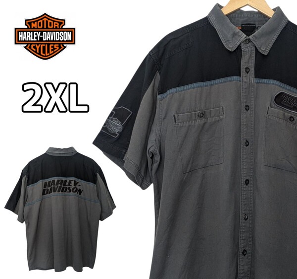 Harley-Davidson ハーレーダビッドソン 半袖シャツ メッシュ混 ボタンダウンシャツ ワッペン 刺繍 古着 2XL 大きいサイズ
