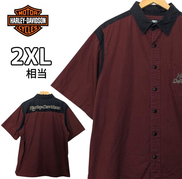 Harley-Davidson ハーレーダビッドソン 半袖シャツ ボタンダウン 刺繍 エンジ ブラック 古着 2XL相当
