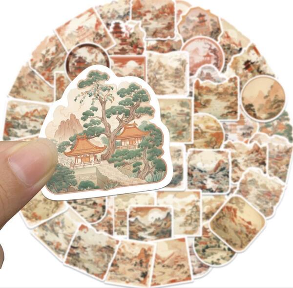 フレークシールステッカー古代風景画レトロアニメ中華お洒落山建物季節景色コラージュ