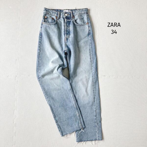 ザラ ZARA デニム ジーンズ【34】ライトブルー 切りっぱなし ストレート