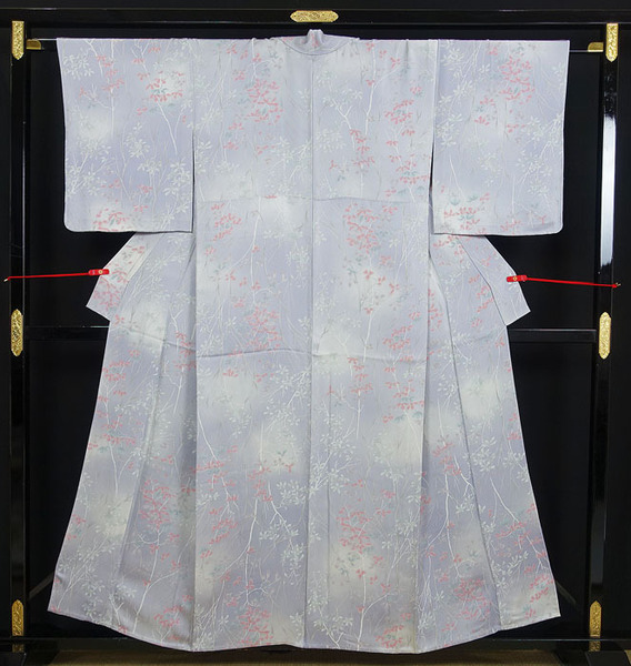 単衣のきもの 袖しつけ糸付き 小紋 ぼかし模様 木々に葉柄 バチ衿 正絹 11977