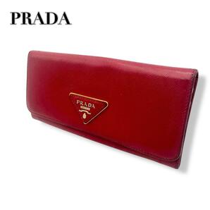 美品プラダ フラップ 長財布 赤 三角ロゴ サフィアーノレザー レッド