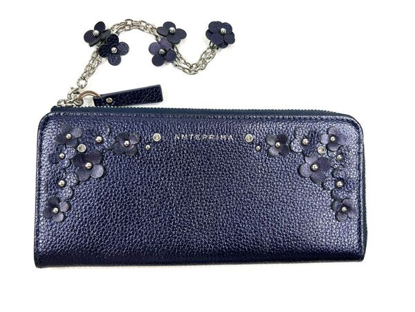 美品 アンテプリマ ANTEPRIMA ネイビー 長財布 花飾りチェーンストラップ付き マッツェット L型 長財布 レザー 本革