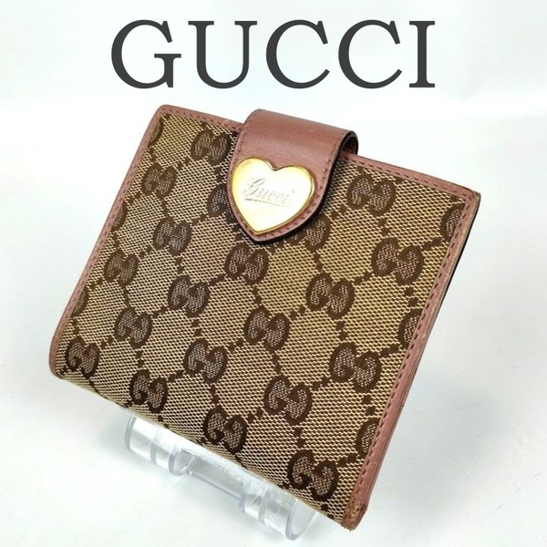 GUCCI グッチ 二つ折り財布 ハートプレート GGキャンバス ピンク ベージュ ラブリーハート GG柄 レディース Wホック 203549・2134 中古