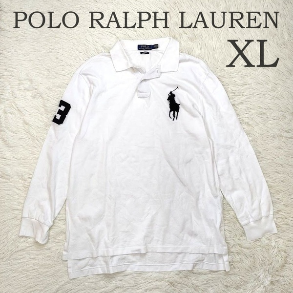 良品 POLO RALPH LAUREN ポロ ラルフローレン 長袖 ポロシャツ XL メンズ ビッグポニー ホワイト 白 刺繍 ラガーシャツ 185/105A 中古