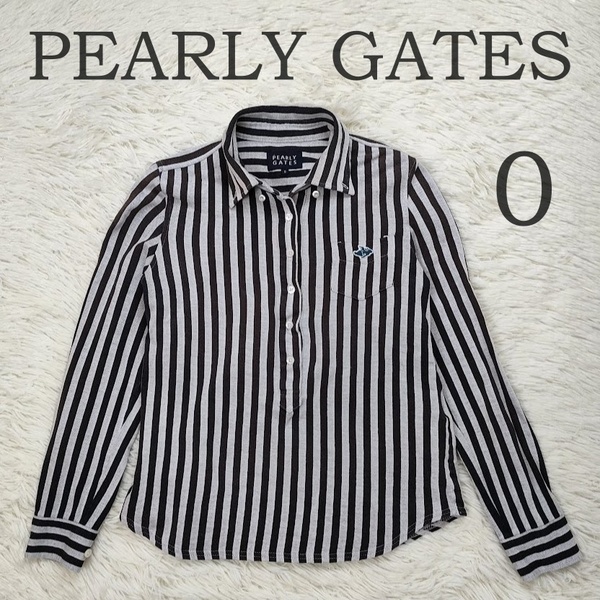 PEARLY GATES パーリーゲイツ 長袖ポロシャツ サイズ0 (S) ボタンダウン ストライプ柄 グレー系 中古 ゴルフウェア レディース トップス