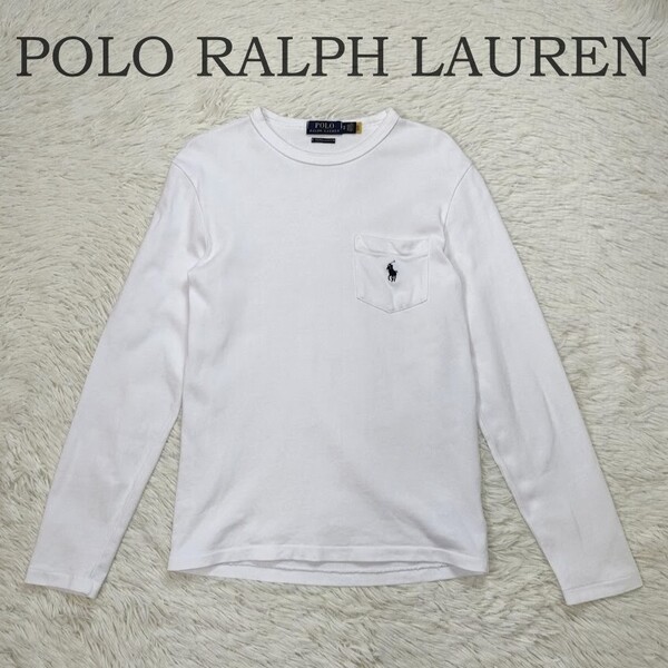 美品 POLO RALPH LAUREN ポロ ラルフローレン ロングTシャツ XS ホワイト 白 長袖 ロンT ポケット ポニー刺繍 カスタムフィット 現行タグ