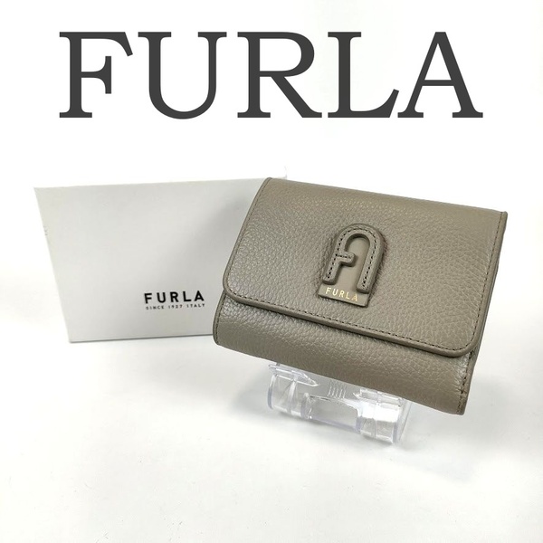 美品 FURLA フルラ DAFNE ダフネ 三つ折り財布 グレージュ バイカラー アーチロゴ 箱あり ファスナー小銭入れ レディース 人気 近年モデル