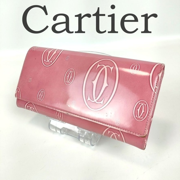 Cartier カルティエ 長財布 ハッピーバースデー エナメル パテント レザー ピンク 二つ折り レディース ブランド 中古 総柄 ロゴ