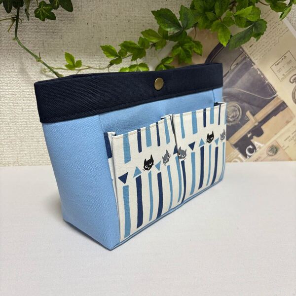 バッグインバッグ◆Cats!スカイブルーの帆布◆ハンドメイド