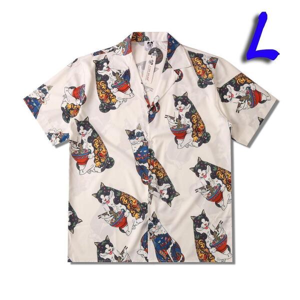 【大人気!残り1点!!】和柄 猫 シャツ L カラフル 浮世絵 総柄 半袖 ユニセックス オーバーサイズ 刺青 タトゥー