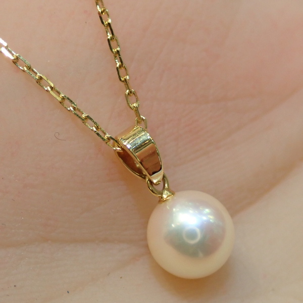 ■K18YG ミキモト アコヤ真珠ペンダントネックレス 約7.6mm■MIKIMOTO■あこや本真珠 パール■カット角小豆■中古磨き仕上げ■