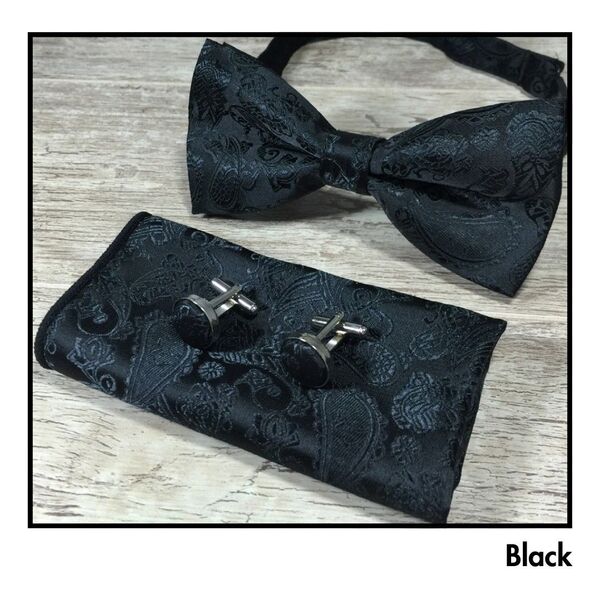 【新品・未使用】蝶ネクタイ 結婚式 ブラック 新郎 挙式 お色直し 二次会 パーティ カフス ハンカチーフ 3点セット