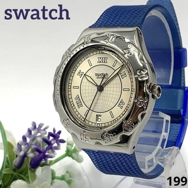 199 稼働品 電池交換済 ★訳あり Swatch スウォッチ SWISS メンズ 腕時計 3針 デイト 蓄光 回転ベゼル ラバーベルト 人気 希少