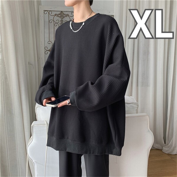 Tシャツ 長袖 メンズ オーバーサイズ ワッフル地 おしゃれ プルオーバー XL ブラック 黒