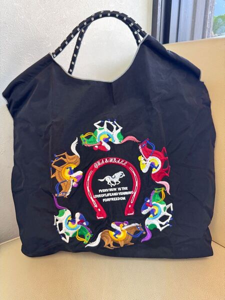 【新品】★D.KELLYタグ付き 馬 馬蹄 刺繍エコバッグ ナイロン製 ブラック トートバッグ 軽量 黒