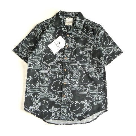 新品 Fat Animals ファットアニマルズ 半袖シャツ メンズ M 黒 和柄 鯨 くじら メッシュ 開襟 アロハシャツ パナマシャツ tops