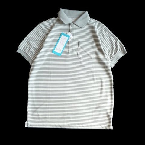 新品 白 グレー ストライプ ポロシャツ FIBER DRY メンズ M 半袖 シャツ ファイバードライ 紳士 ボーダー