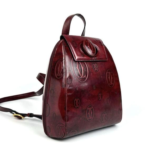 【美品】Cartier カルティエ ハッピーバースデー リュックサック バックパック マストライン ターンロック ゴールド金具 裏地総柄 レザー