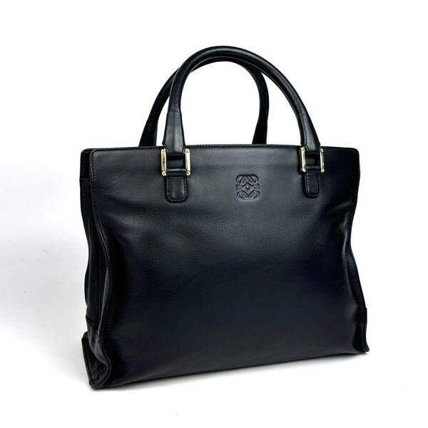 【美品】LOEWE ロエベ アナグラム ハンドバッグ トートバッグ ロゴ型押し ゴールド金具 裏地総柄 ビジネス フォーマル 男女兼用 レザー 黒