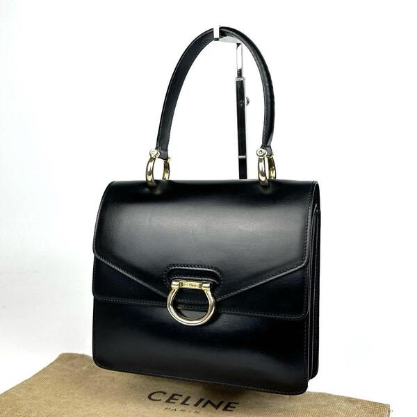 美品 CELINE ハンドバッグ トートバッグ ガンチーニ ロゴ型押し ゴールド金具 フォーマル パーティバッグ ダブルフラップ カーフ レザー 黒