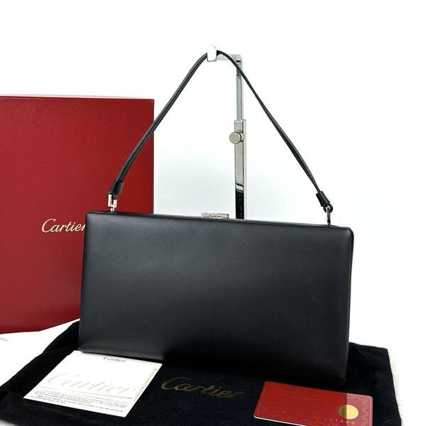 極美品 カルティエ ハンドバッグ ミニバッグ パーティーバッグ がま口 フォーマル シルバー金具 ロゴ型押し 希少 カーフ レザー 付属品有り