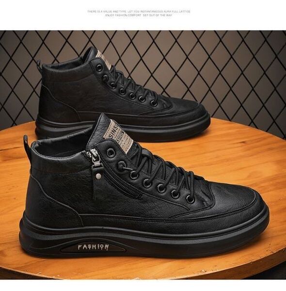 靴 【s173 黒 】【27cm】メンズ PU レザー ハイカット スニーカー ミドル カジュアル ダンス HIPHOP 韓流 K-POP トレンド 人気 ブラック