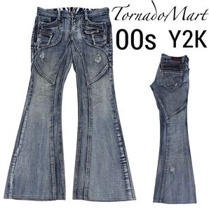 00s アーカイブ■トルネードマート■フレアー デニム パンツ レザーパイピング M ブルー パネル 本革 ベルボトム クラッシュ TORNADO MART