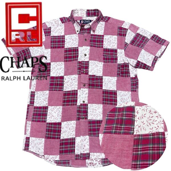 90s■CHAPS ラルフローレン■パッチワーク シャツ 花柄 チェック BD M 赤 ピンク 白 ボタニカル ボタンダウン チャップス RALPH LAUREN