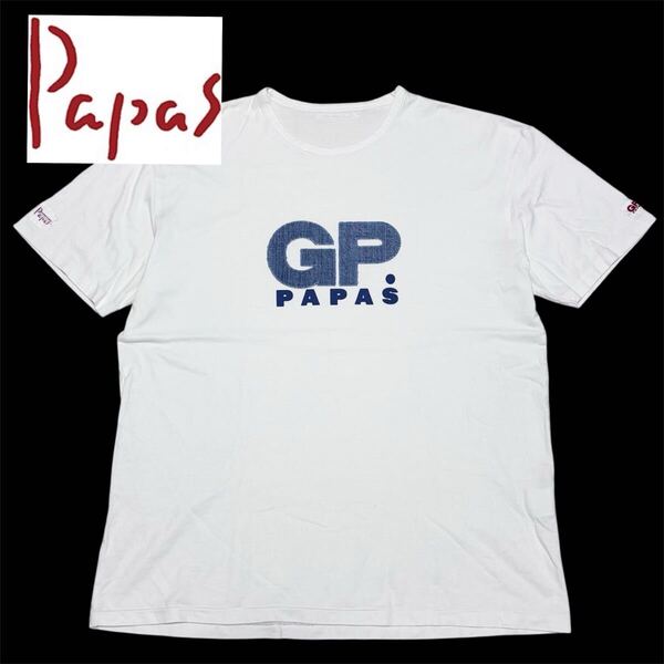 良品■Papas パパス■GP デニムワッペン パッチ ロゴプリントTシャツ L 50 白 ホワイト インディゴブルー ピスネーム クルーネック 日本製