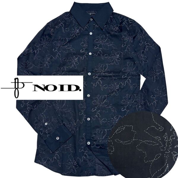 美品■NO ID■フラワー 花柄 シルバー刺繍 総柄 長袖 シャツクレリック 2 M 黒 ブラック シルバー ドレスシャツ ノーアイディー NOID