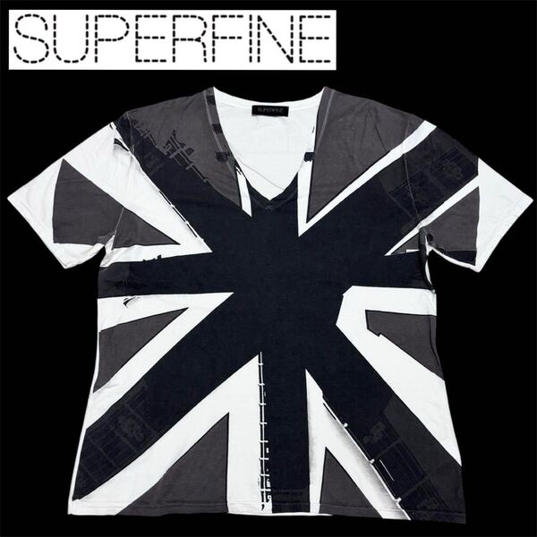 レア■SUPERFINE スーパーファイン■ユニオンジャック Tシャツ Vネック M ブラック グレー ホワイト イタリア製