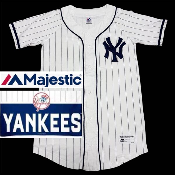 Majestic ニューヨークヤンキース■ピンストライプ ベースボールシャツ M ホワイト ネイビー ワッペン Majestic Athletic New York Yankees