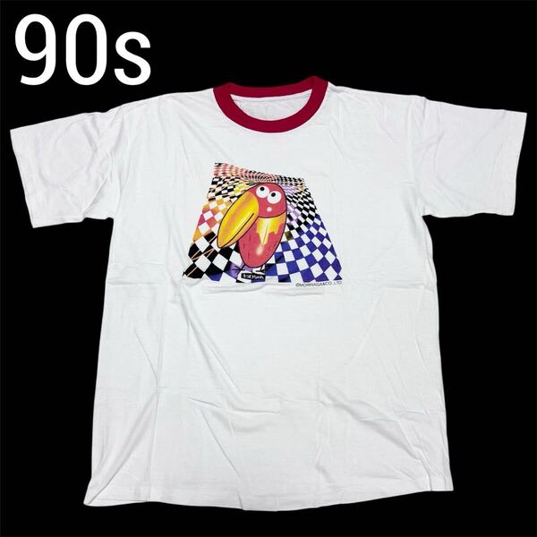 激レア 非売品 90s■チョコボール キョロちゃん■企業物 リンガー Tシャツ F フリーサイズ 白 赤 シングルステッチ 森永 ヴィンテージ
