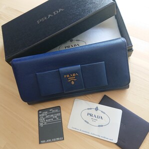 良品 PRADA プラダ 長財布 リボン サフィアーノレザー ネイビーブルー